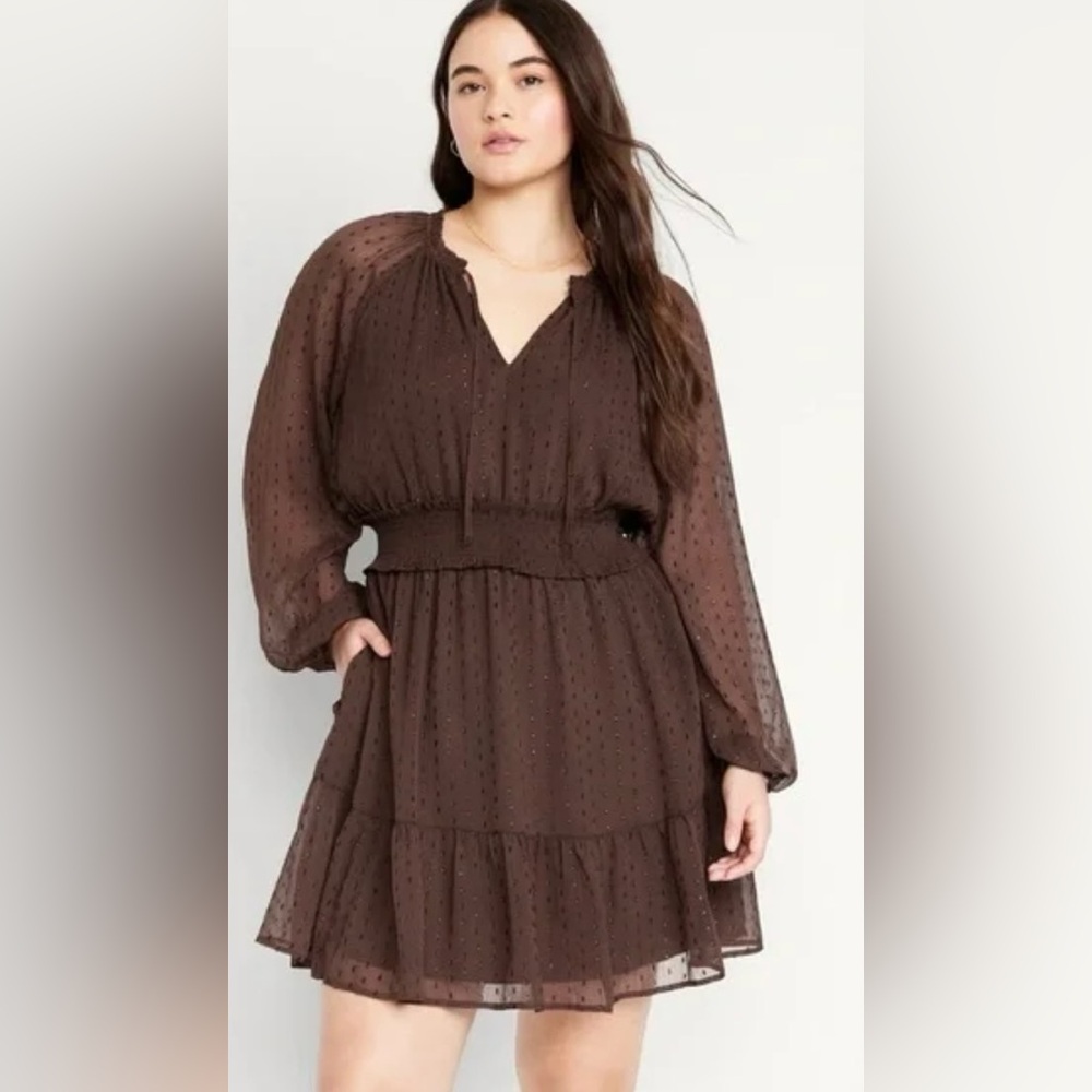 Waist-Defined Metallic Swiss Dot Smocked Dress